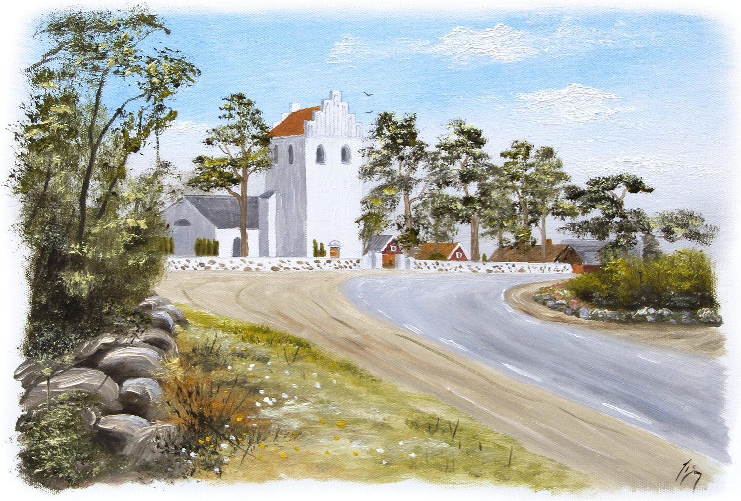 Bordstablett BT-004 med Ingvar Stendahls oljemålning av Allerum kyrka, skånskt motiv.