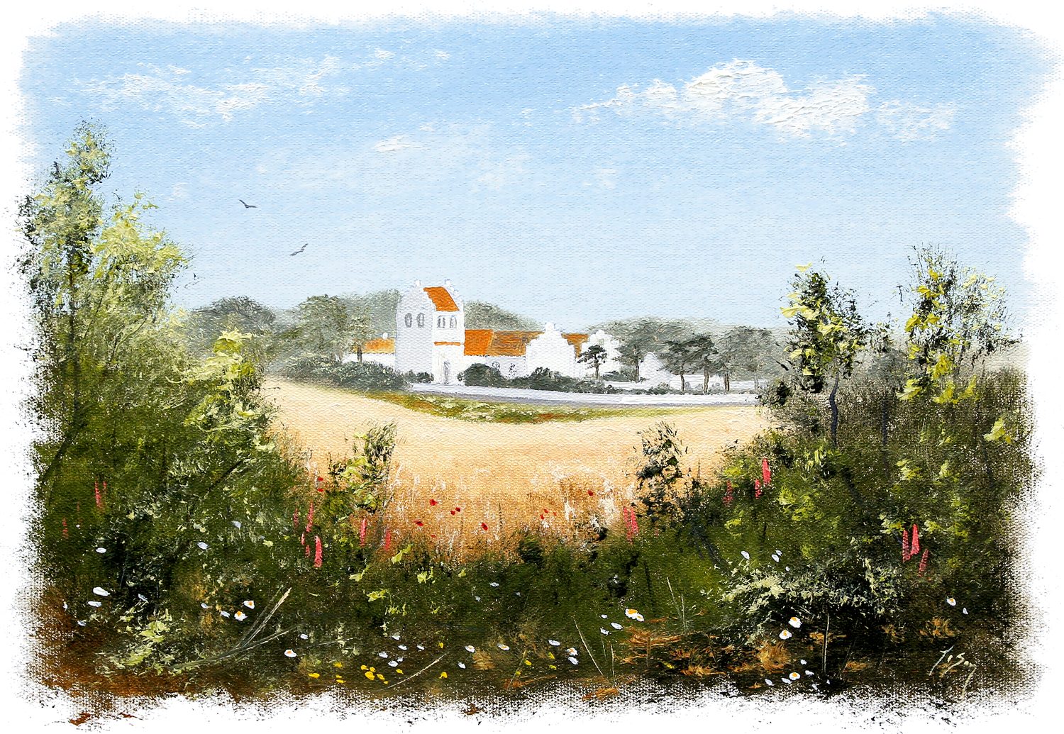 Bordstablett BT-013 med Ingvar Stendahls oljemålning av Brunnby kyrka, skånskt motiv.