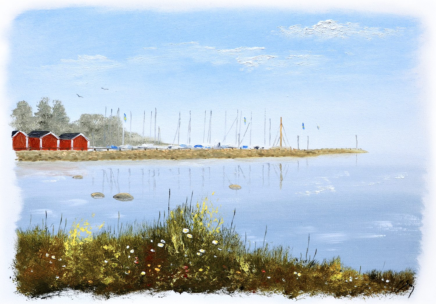 Bordstablett BT-014 med Ingvar Stendahls oljemålning av Båstad hamn, skånskt motiv.