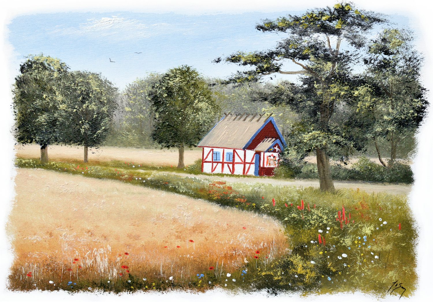 Bordstablett BT-017 med Ingvar Stendahls oljemålning av Tuve och Sissi, Duvestubbe, Ödåkra, skånskt motiv.
