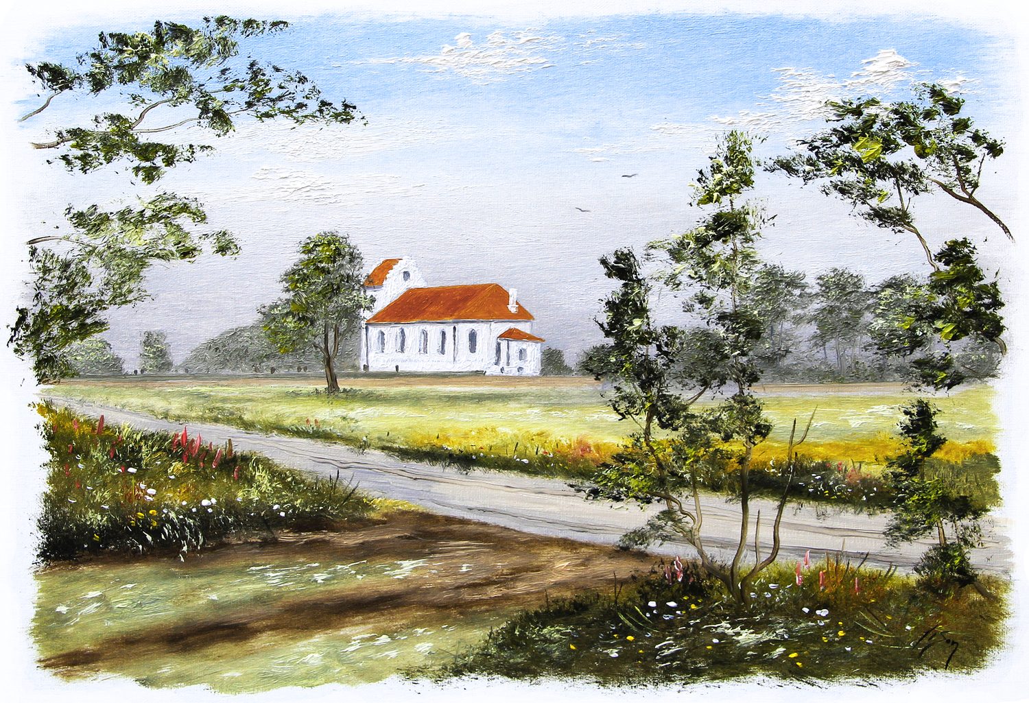 Bordstablett BT-018 med Ingvar Stendahls oljemålning av Ekeby kyrka, skånskt motiv.
