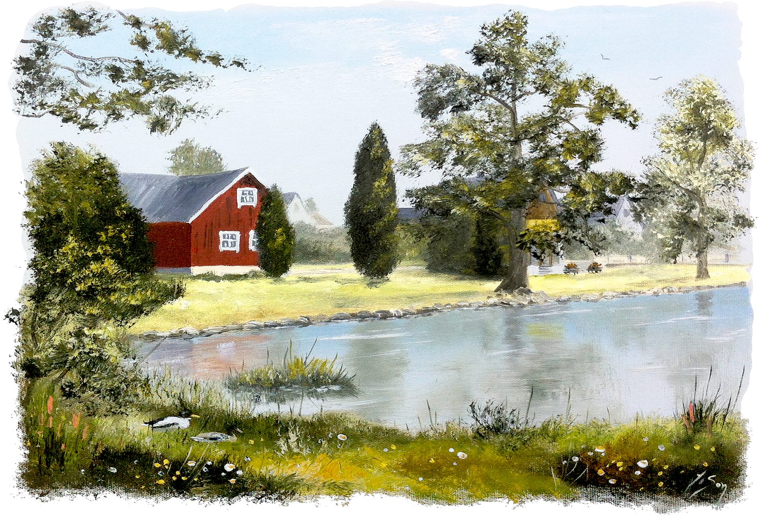 Bordstablett BT-028 med Ingvar Stendahls oljemålning av Hjärnarp-mejeridammen, skånskt motiv.