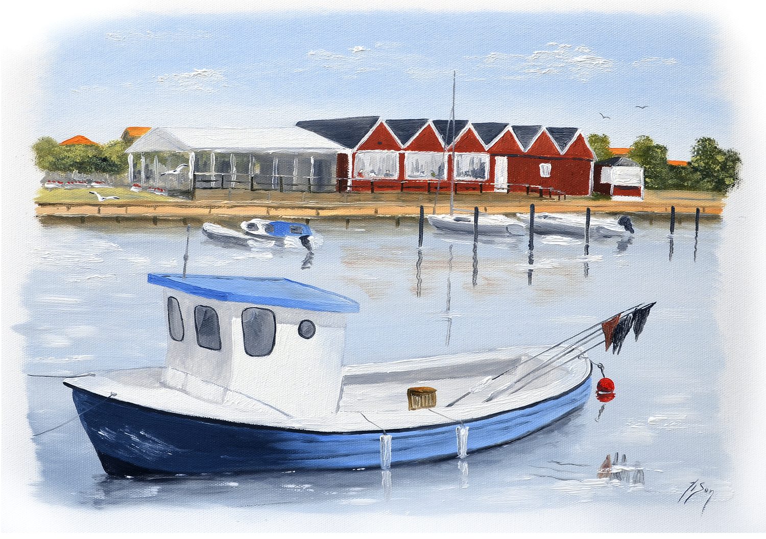 Bordstablett BT-033 med Ingvar Stendahls oljemålning av Höganäs hamn, skånskt motiv.