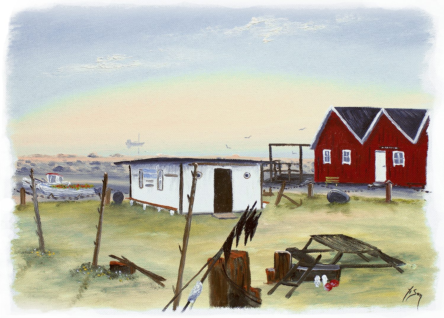 Bordstablett BT-054 med Ingvar Stendahls oljemålning av Lerbergets hamn, skånskt motiv.