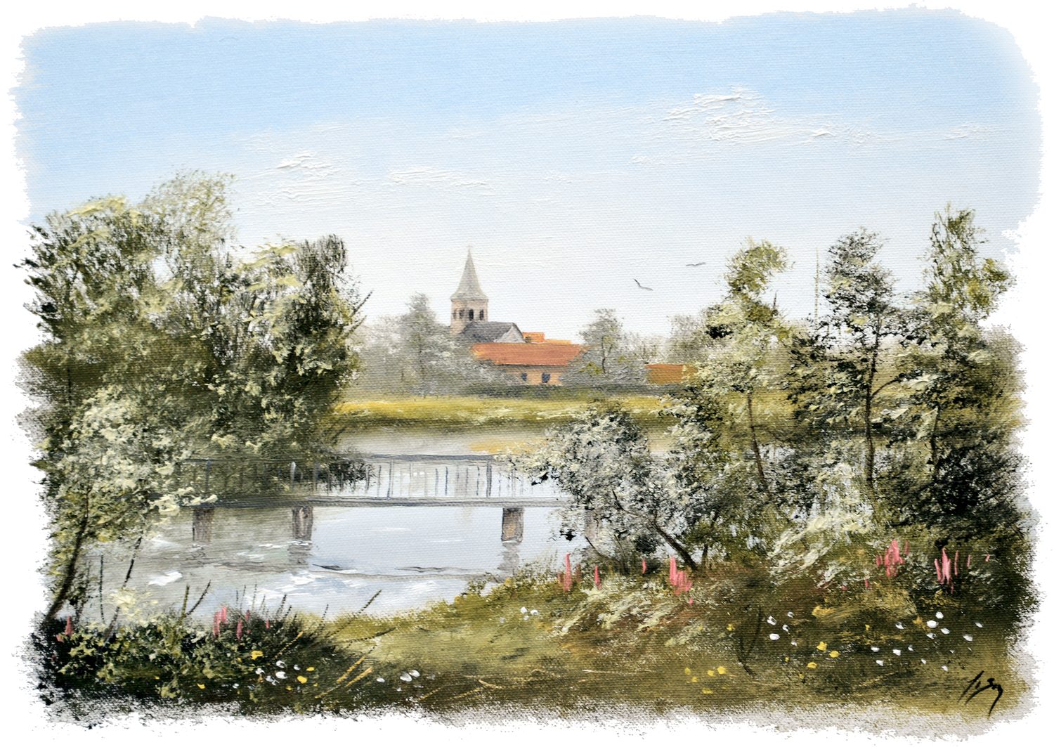 Bordstablett BT-087 med Ingvar Stendahls oljemålning av Svalöv kyrka, skånskt motiv.