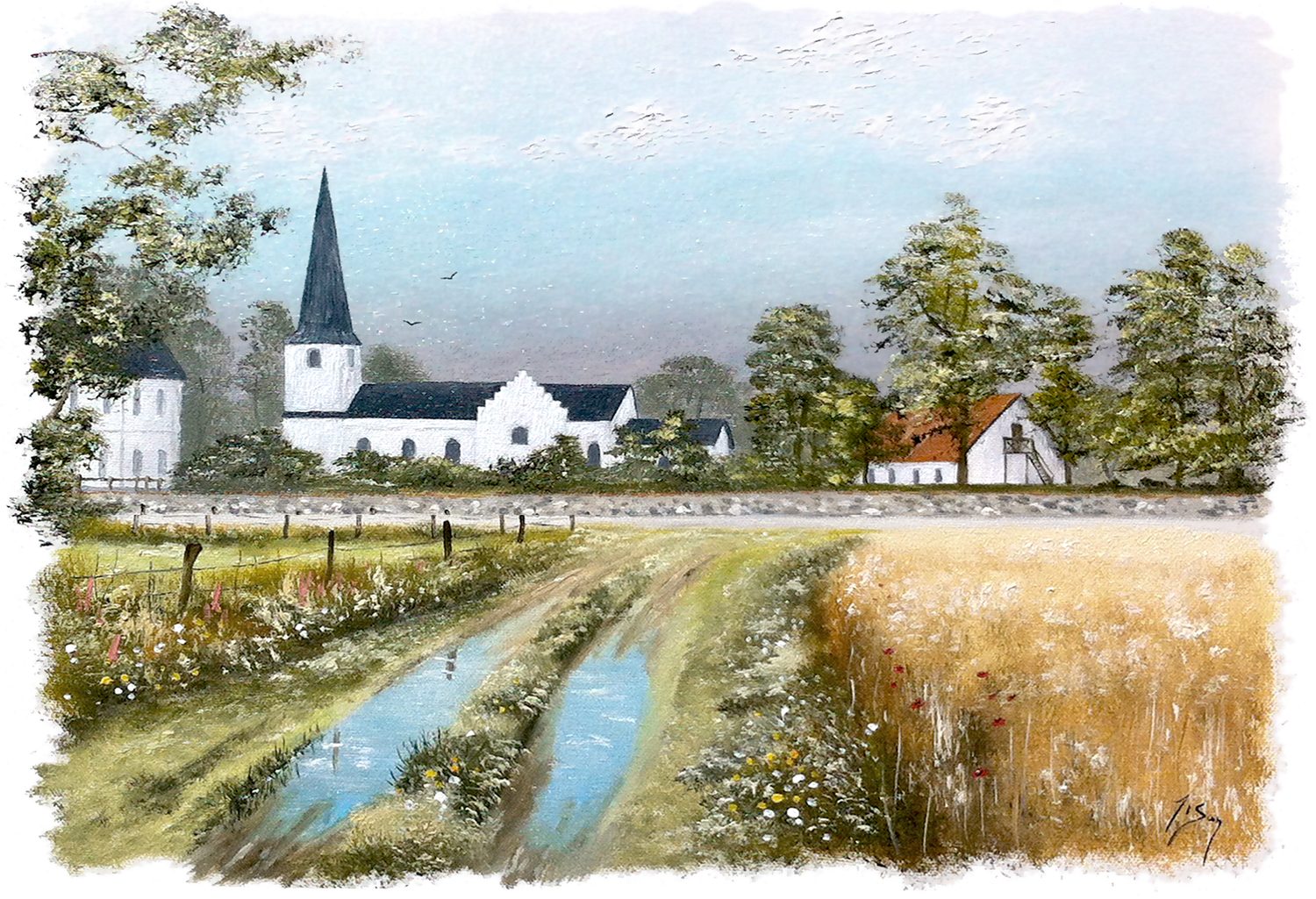 Bordstablett BT-097 med Ingvar Stendahls oljemålning av Väsby kyrka, skånskt motiv.