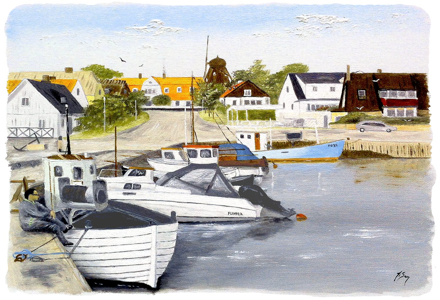 Bordstablett BT-107 med Ingvar Stendahls oljemålning av Vikens hamn, skånskt motiv.