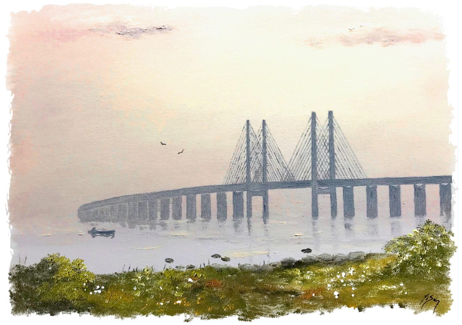 Bordstablett BT-118 med Ingvar Stendahls oljemålning av Öresundsbron, skånskt motiv.