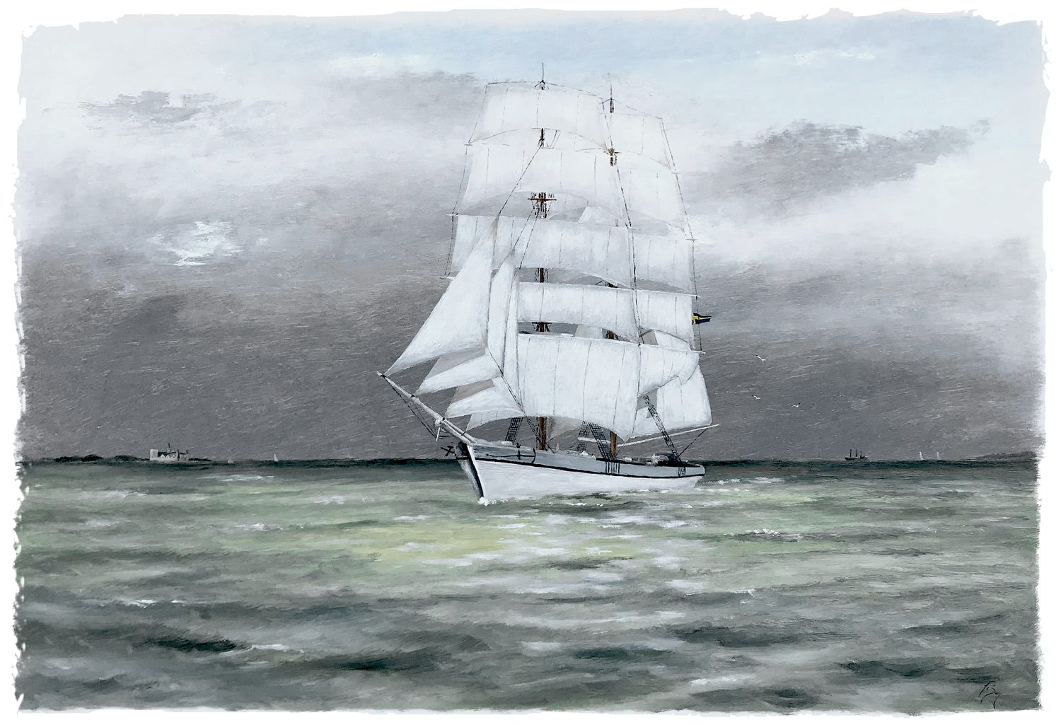Bordstablett BT-125 med Ingvar Stendahls oljemålning av Briggen Tre Kronor, skånskt motiv.