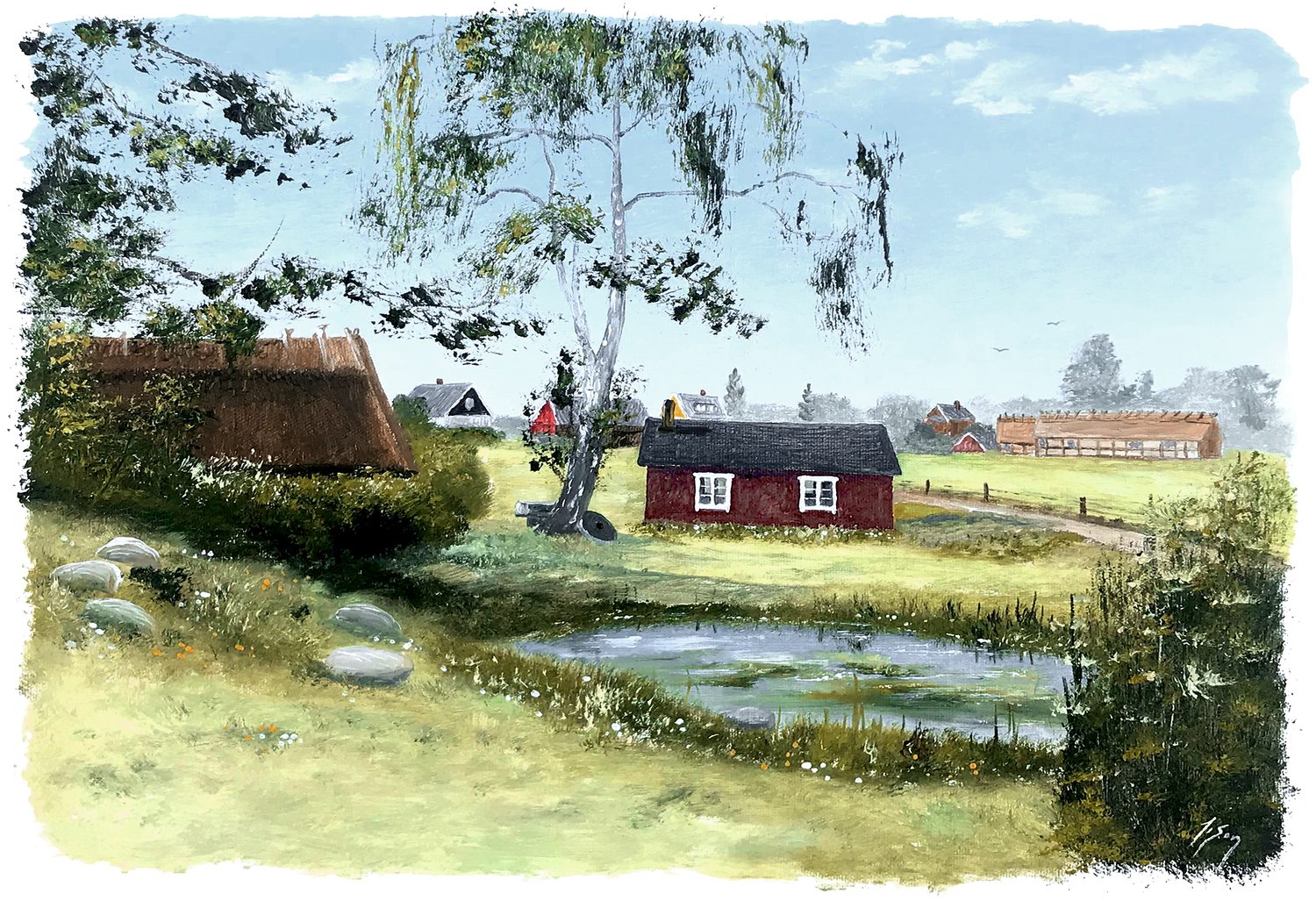 Bordstablett BT-130 med Ingvar Stendahls oljemålning av Tvättstuga Norra Vram, skånskt motiv.