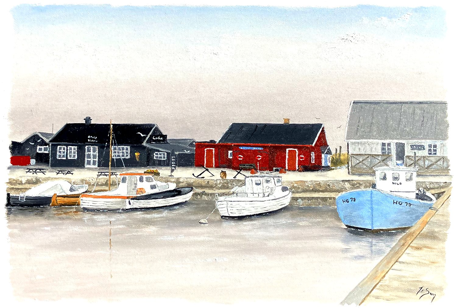 Bordstablett BT-131 med Ingvar Stendahls oljemålning av Vikens hamn Galleri Viken, skånskt motiv.